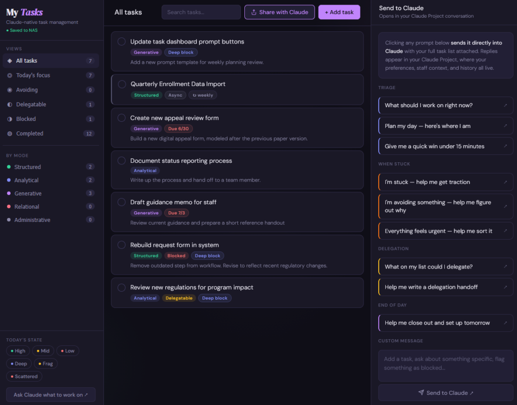 Screenshot of the AI task dashboard, with filters and custom views on the left, AI-prompt buttons on the right, and the list of tasks with descriptions and tags in the middle.